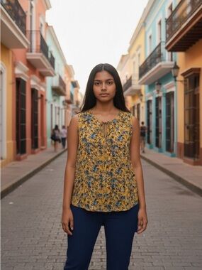 🔴Fun 2 Fun Floral Yellow and Blue Sleeveless Top PTP 23
